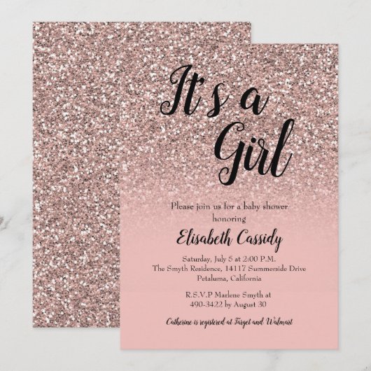 Roos Gold Glitter Sprinkle Baby shower Uitnodigen Kaart (Voorkant / Achterkant)