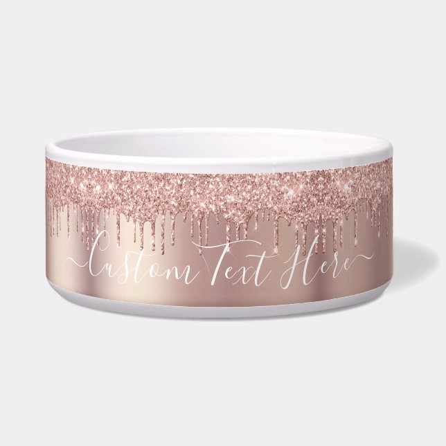 Roos Gold Glitter Stapt op aangepaste naam Bowl Voerbakje (Voorkant)