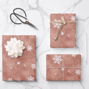 Roos Gold Glitter Stars Snowflakes Patroon Inpakpapier Vel