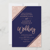Roos gold glitter strepen script navy blue bruilof kaart (Voorkant)