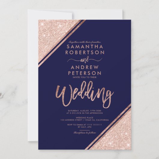 Roos gold glitter strepen script navy blue bruilof kaart (Voorkant)