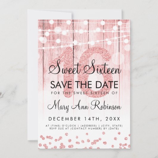 Roos Gold Glitter String Lights Sweet 16 Save Date Kaart (Voorkant)