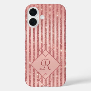 Roos Gold Glitter Stripes Glam Monogram Afbeelding iPhone 16 Hoesje
