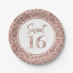 Roos Gold Glitter Sweet 16 Birthday Party Papieren Bordje