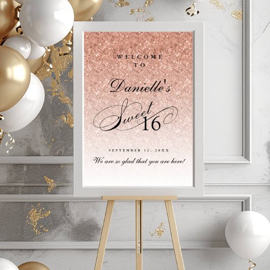 Roos Gold Glitter Sweet 16 Gepersonaliseerd Welkom Poster