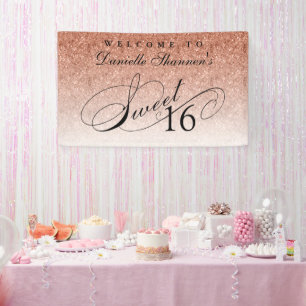 Roos Gold Glitter Sweet 16 Gepersonaliseerd Welkom Spandoek