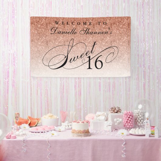 Roos Gold Glitter Sweet 16 Gepersonaliseerd Welkom Spandoek (Feest)