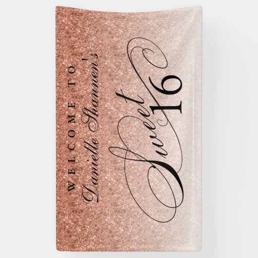Roos Gold Glitter Sweet 16 Gepersonaliseerd Welkom Spandoek (Verticaal)