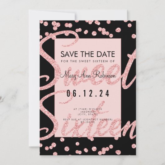 Roos Gold Glitter Sweet 16-partij Opslagdatum zwar Kaart (Voorkant)