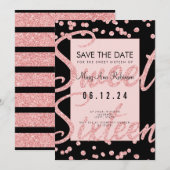 Roos Gold Glitter Sweet 16-partij Opslagdatum zwar Kaart (Voorkant / Achterkant)