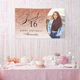 Roos Gold Glitter Sweet 16 Persoonlijke foto Spandoek