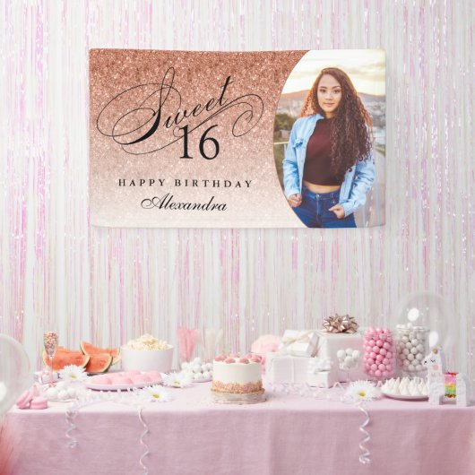 Roos Gold Glitter Sweet 16 Persoonlijke foto Spandoek (Feest)