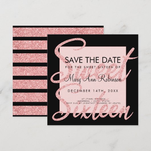 Roos Gold Glitter Sweet 16 Save the Date Black Kaart (Voorkant / Achterkant)