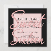 Roos Gold Glitter Sweet 16 Save the Date Black Kaart (Voorkant)