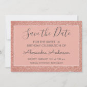 Roos Gold Glitter Sweet 16 Save the Date Kaart (Achterkant)