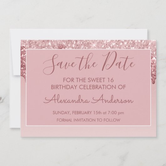 Roos Gold Glitter Sweet 16 Save the Date Kaart (Achterkant)