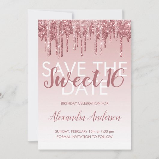 Roos Gold Glitter Sweet 16 Save the Date Kaart (Voorkant)