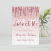 Roos Gold Glitter Sweet 16 Save the Date Kaart (Staand voorkant)