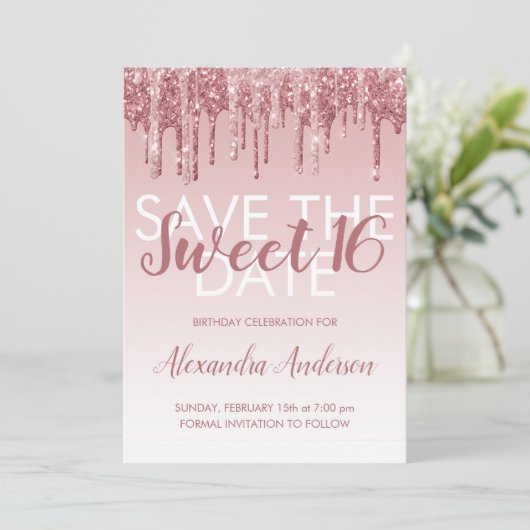 Roos Gold Glitter Sweet 16 Save the Date Kaart (Staand voorkant)