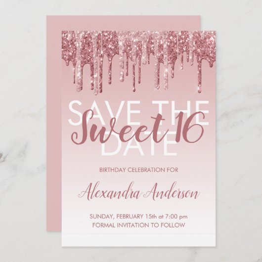 Roos Gold Glitter Sweet 16 Save the Date Kaart (Voorkant / Achterkant)
