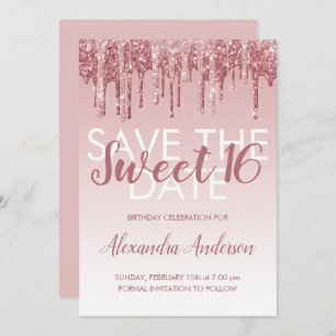 Roos Gold Glitter Sweet 16 Save the Date Kaart