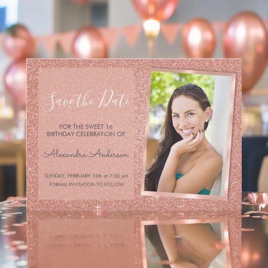 Roos Gold Glitter Sweet 16 Save the Date Kaart