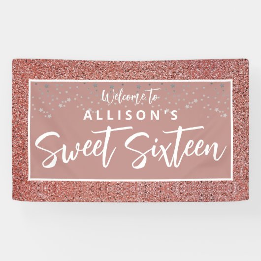 Roos Gold Glitter Sweet 16 Verjaardag Welkomstnaam Spandoek (Horizontaal)