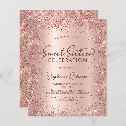Roos Gold Glitter Sweet 16 verjaardagsuitnodiging (Voorkant / Achterkant)
