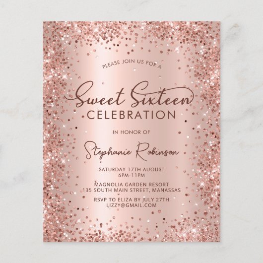 Roos Gold Glitter Sweet 16 verjaardagsuitnodiging (Voorkant)