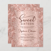 Roos Gold Glitter Sweet 16 verjaardagsuitnodiging (Voorkant / Achterkant)