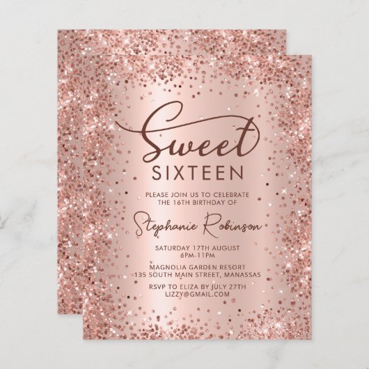 Roos Gold Glitter Sweet 16 verjaardagsuitnodiging (Voorkant / Achterkant)