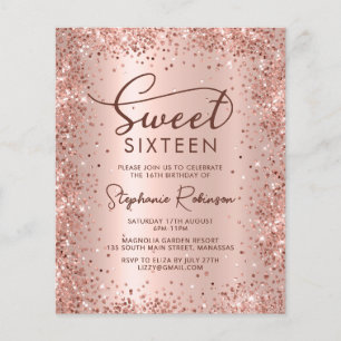 Roos Gold Glitter Sweet 16 verjaardagsuitnodiging