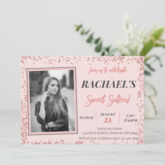 Roos Gold Glitter Sweet Sixteen Birthday Foto Kaart (Staand voorkant)
