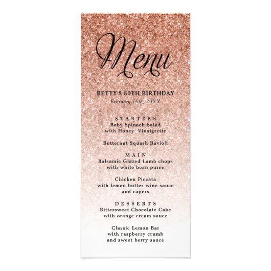 Roos Gold Glitter Tall Menu Kaart (Voorkant)