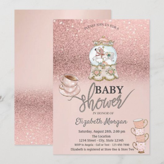Roos Gold Glitter Tea Party Baby shower Kaart (Voorkant / Achterkant)
