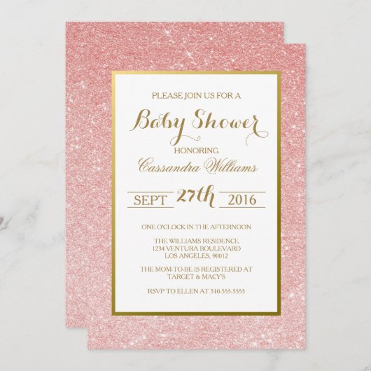 Roos Gold Glitter - Uitnodiging tot Baby shower (Voorkant / Achterkant)