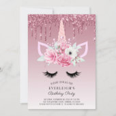 Roos Gold Glitter Unicorn Birthday Party Kaart (Voorkant)