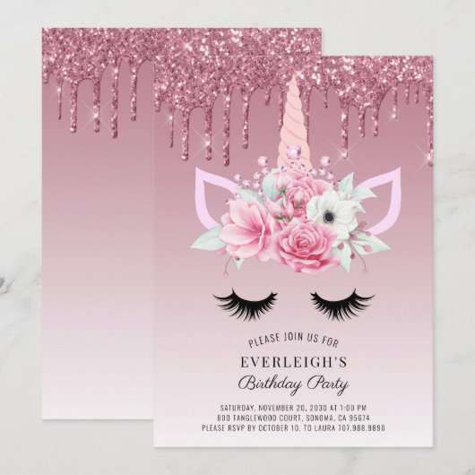 Roos Gold Glitter Unicorn Birthday Party Kaart (Voorkant / Achterkant)