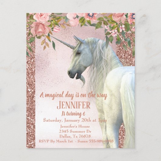 Roos Gold Glitter  Unicorn Floral Flyer (Voorkant)
