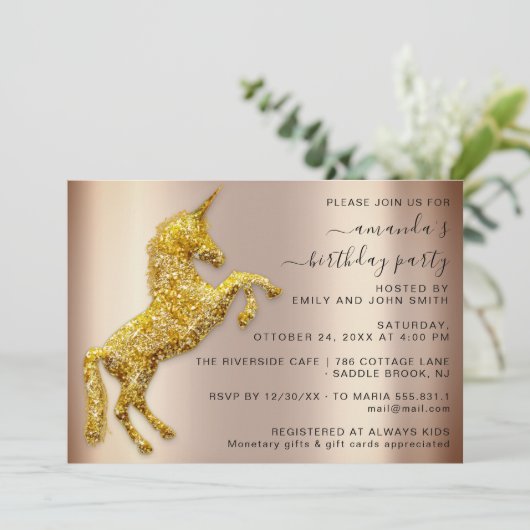 Roos Gold Glitter Unicorn Horse Birthday Kaart (Staand voorkant)