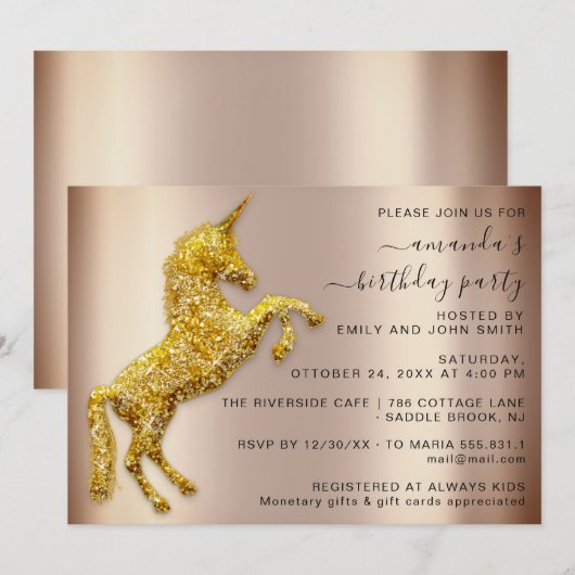 Roos Gold Glitter Unicorn Horse Birthday Kaart (Voorkant / Achterkant)