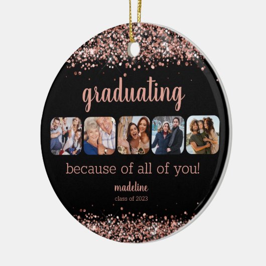 Roos Gold Glitter vanwege uw 5 Foto Afstudeerder Keramisch Ornament (Links)