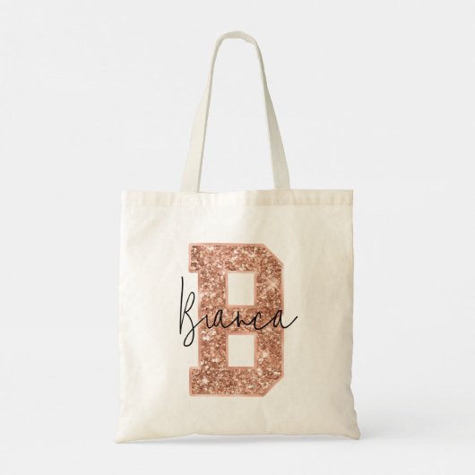 Roos Gold Glitter Varsity Letter Monogram B Tote Bag (Achterkant)