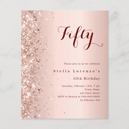 Roos Gold Glitter Verjaardagsuitnodiging (Voorkant)