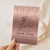 Roos Gold Glitter Virtual 50th Birthday Party Kaart