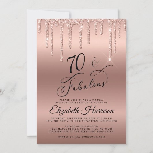Roos Gold Glitter Virtual 70th Birthday Party Kaart (Voorkant)