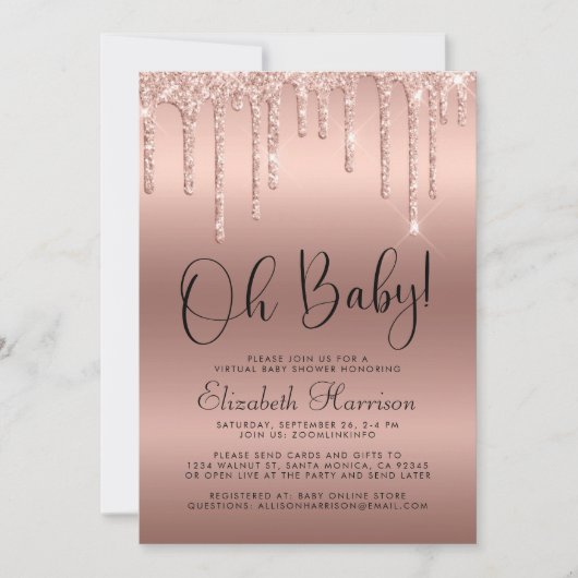 Roos Gold Glitter Virtual Baby shower Kaart (Voorkant)