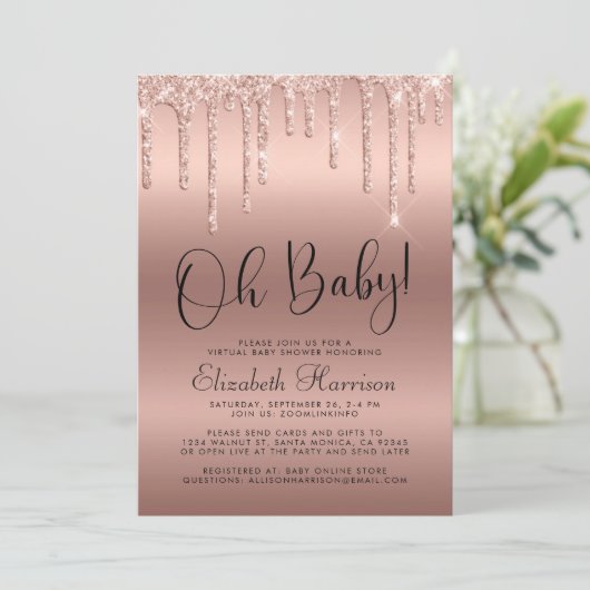 Roos Gold Glitter Virtual Baby shower Kaart (Staand voorkant)