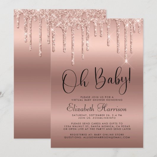 Roos Gold Glitter Virtual Baby shower Kaart (Voorkant / Achterkant)