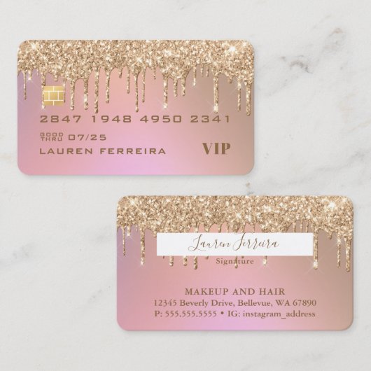 Roos Gold Glitter - Visitekaartje met creditcard (Voorkant / Achterkant)